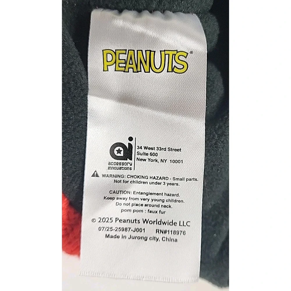 New Peanuts Snoopy Woodstock‎ Beanie Pom Pom Red Cuff Black Knit Winter Hat Kid